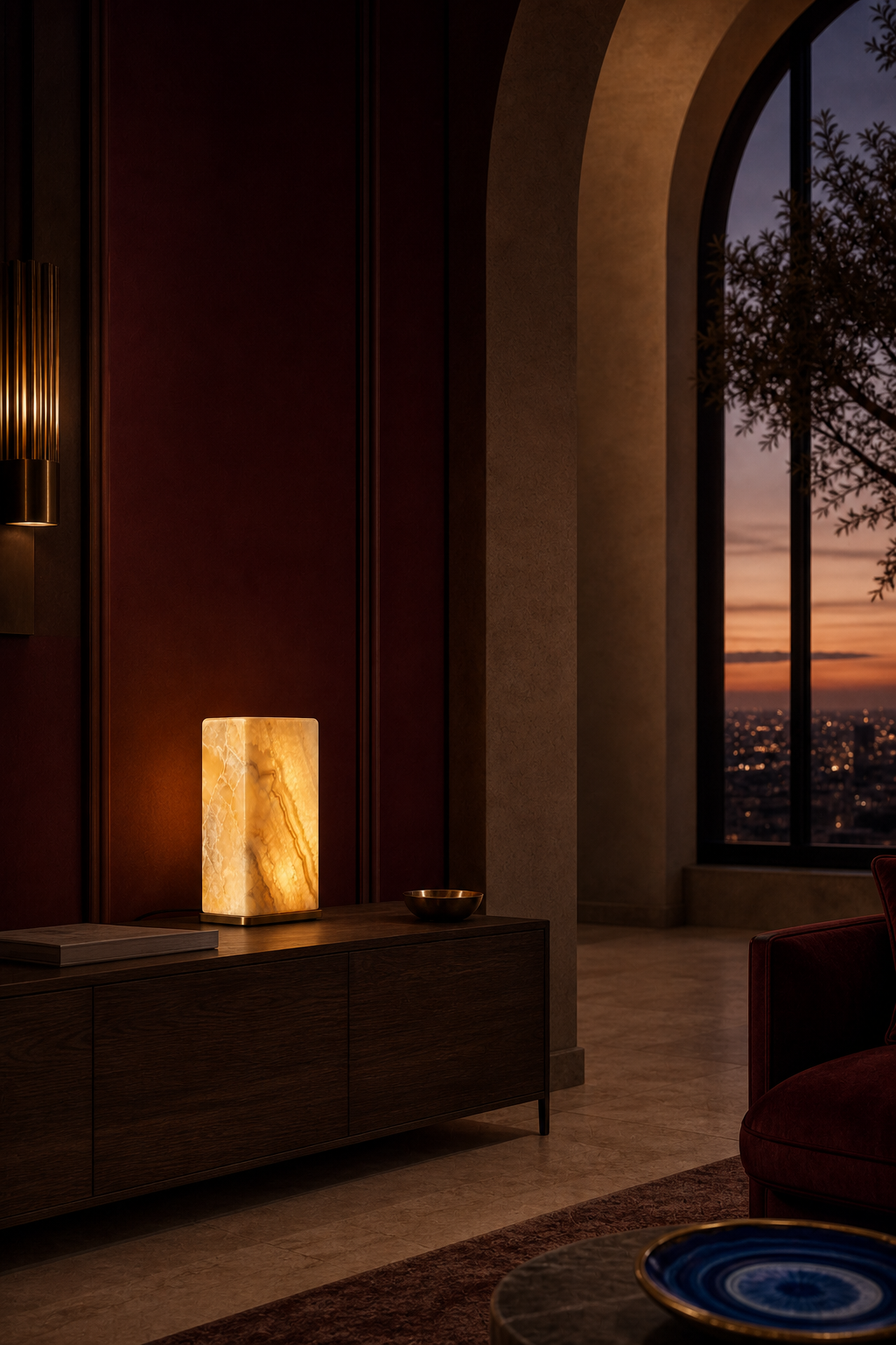 Illuminated honey onyx object composed in a royal contemporary residence