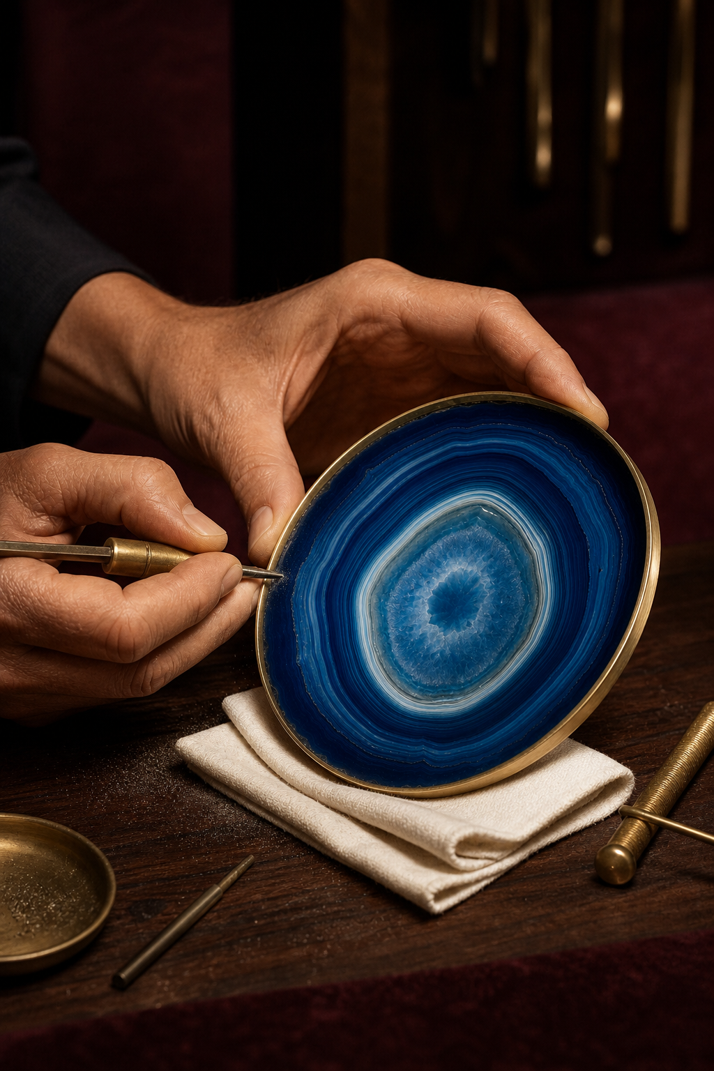 Artisan hand-finishing the brass rim of a blue agate object