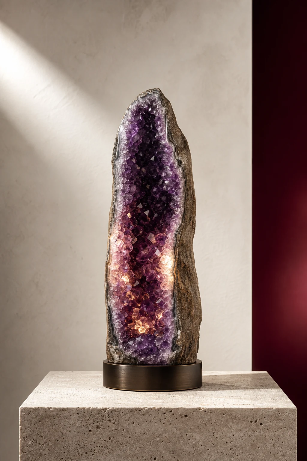 Brume amethyst geode luminaire on a bronze base