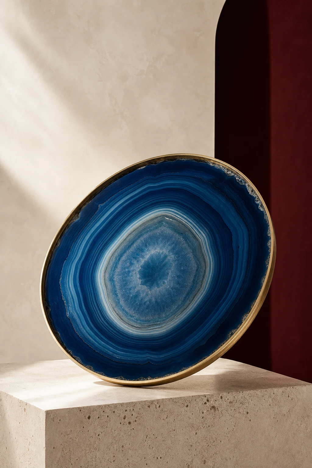 Azure blue agate platter with a brass rim