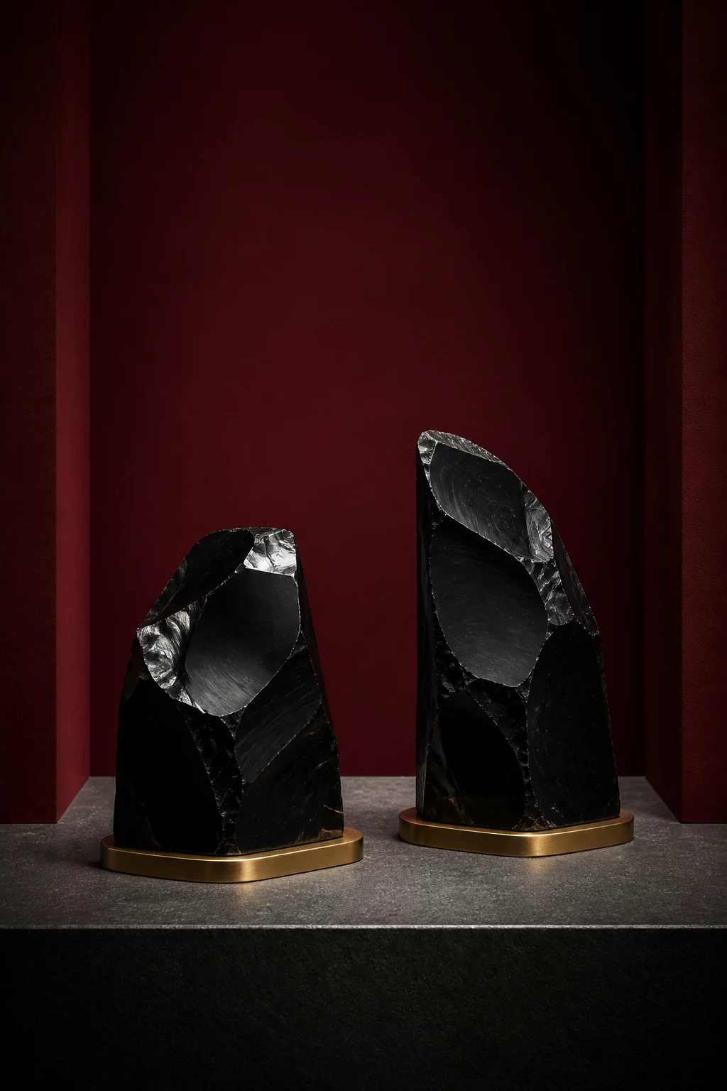 Pair of faceted obsidian bookends on brass bases
