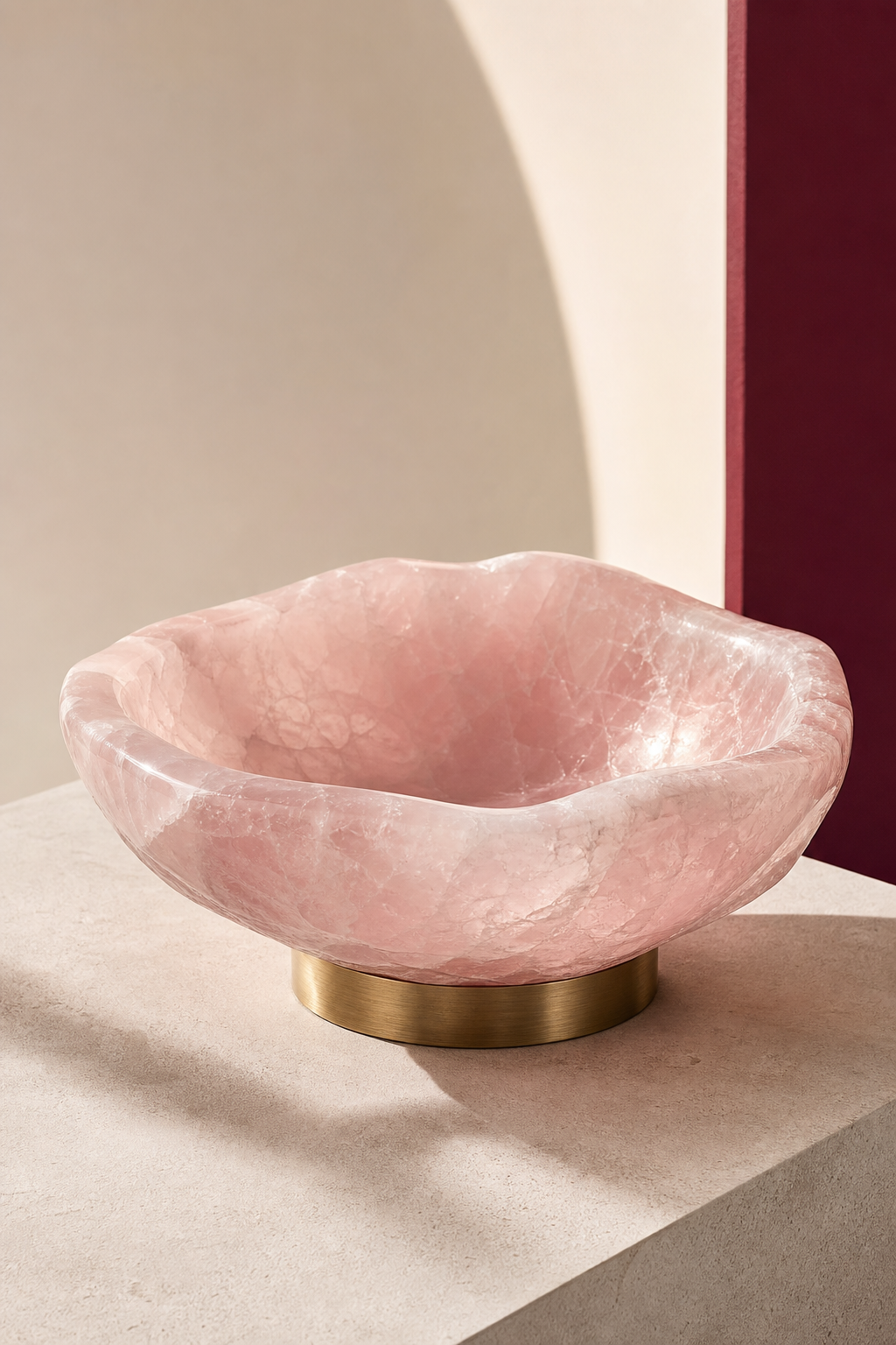 Finished rose quartz bowl showing crystal facets